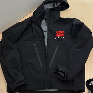 Men's Black Hooded Softshell Jacket with Red Logo